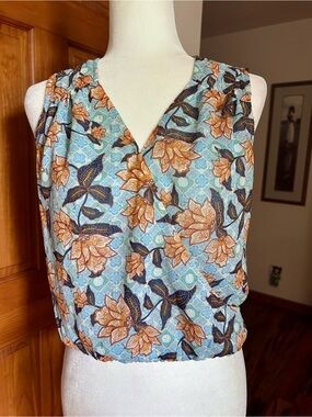 Rachel Zoe Blue Floral Wrap-Front with Tan Blooms and a Bit of Shimmer